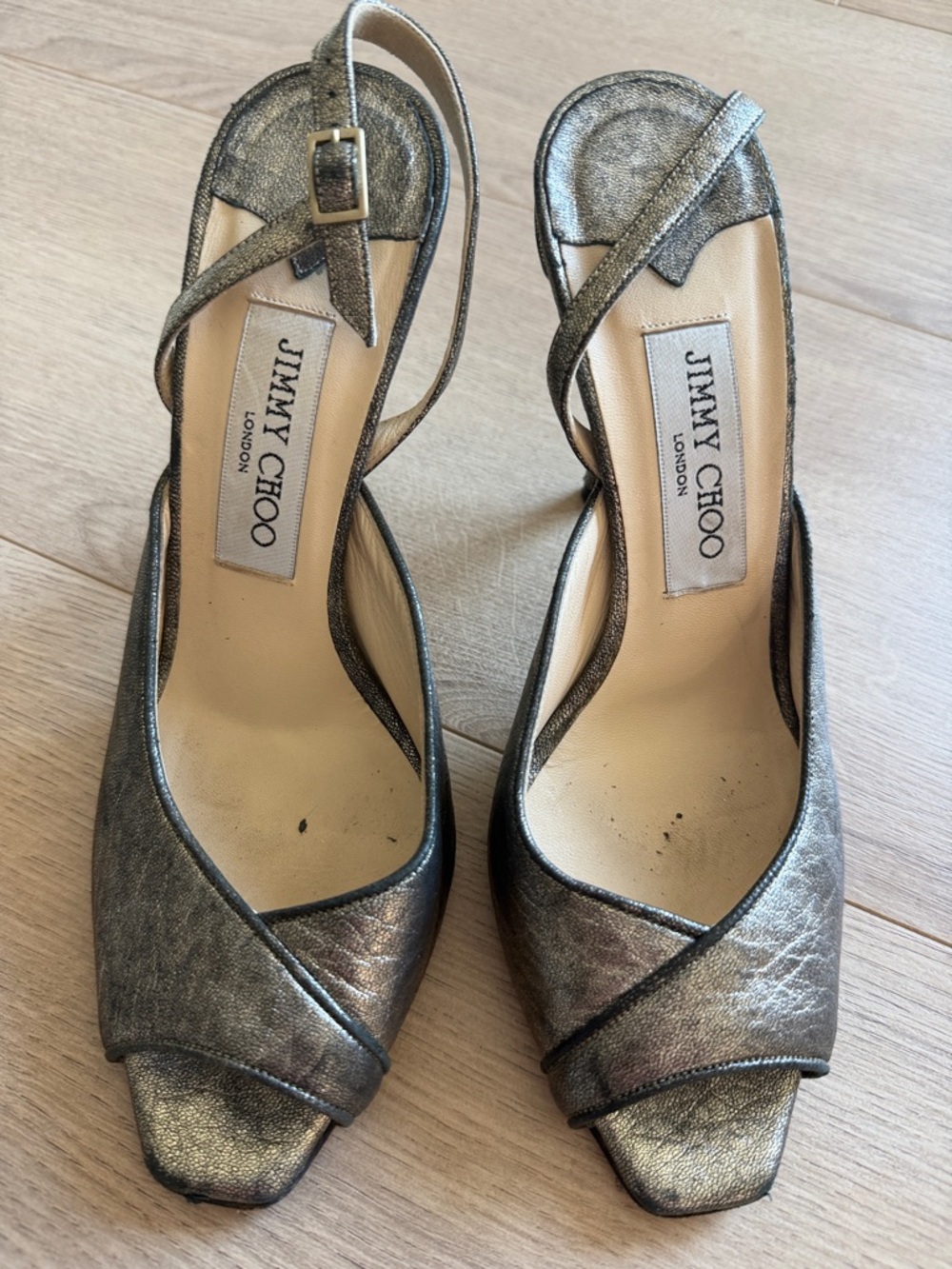 Jimmy Choo Metallic Pewter Open-Toe Slingback Heels, size 38, made in Italy